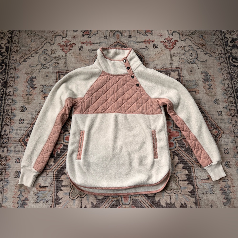 Abercrombie & Fitch Asymmetrical Snap Quilted Fleece Pullover Pink White - XS